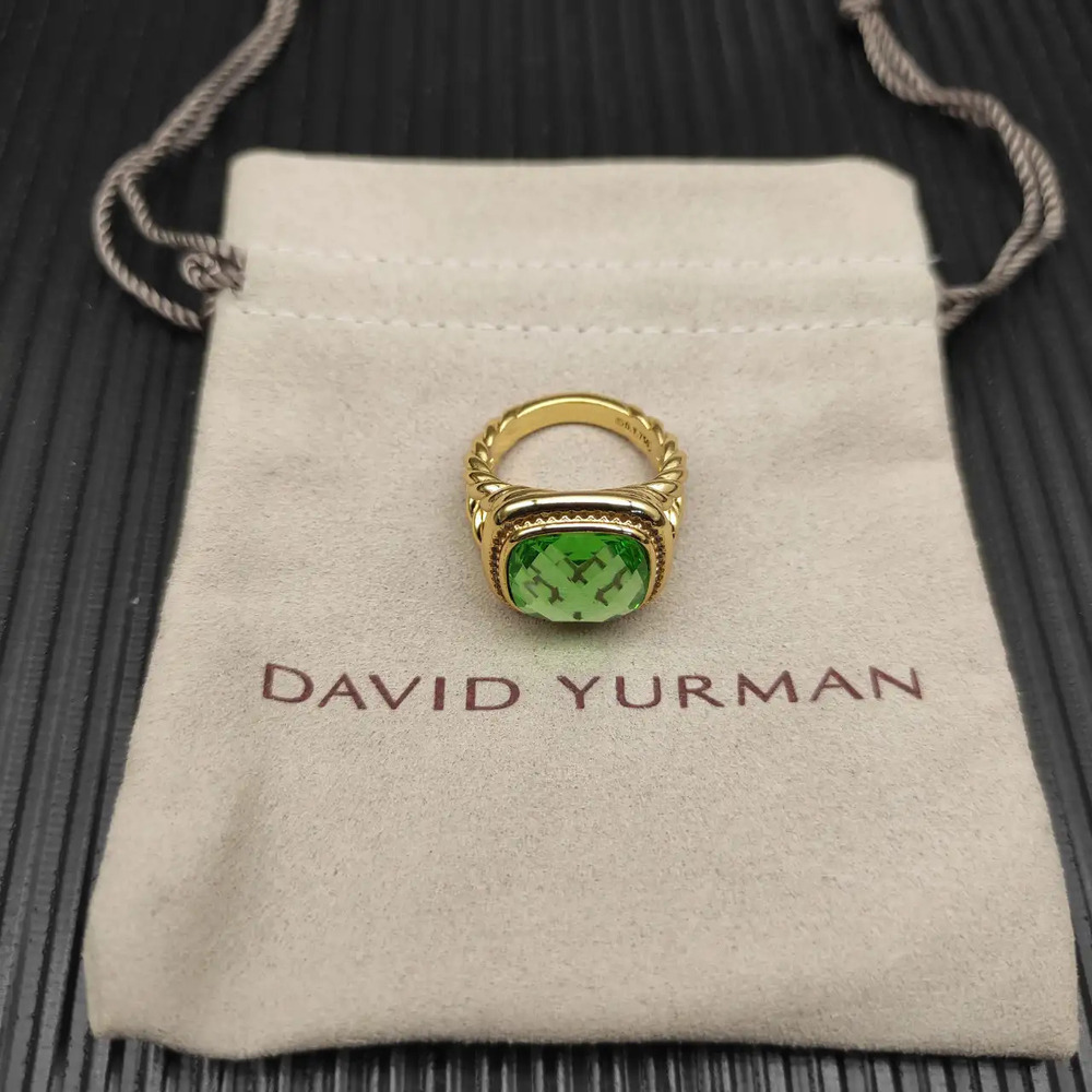 David Yurman Gold Square Diamond and Green Diamond Ring